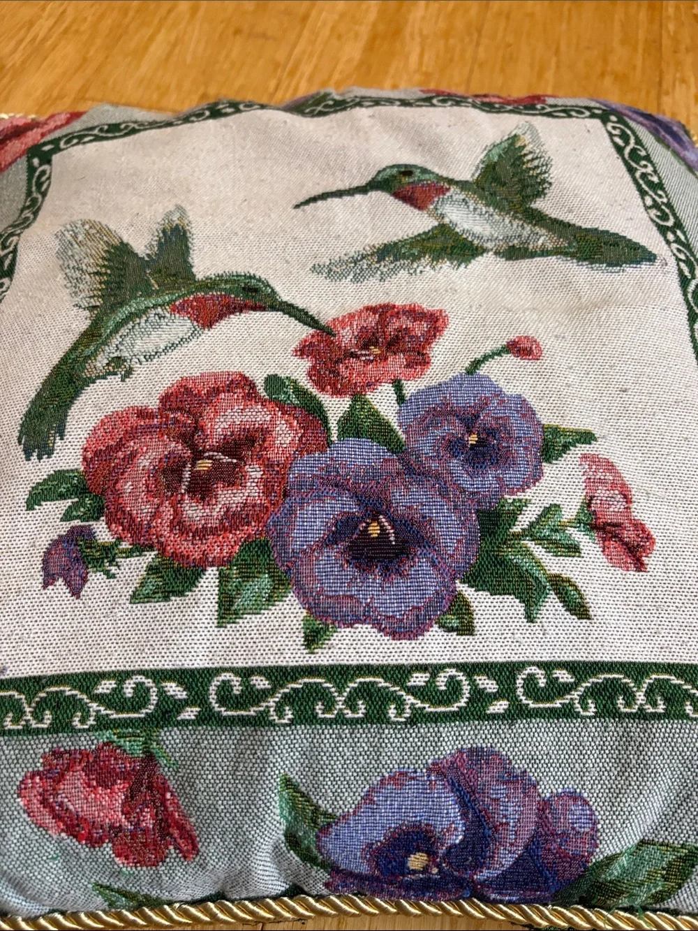Vintage Hummingbird Tapestry Throw Pillow Floral Border 18x18 cottagecore